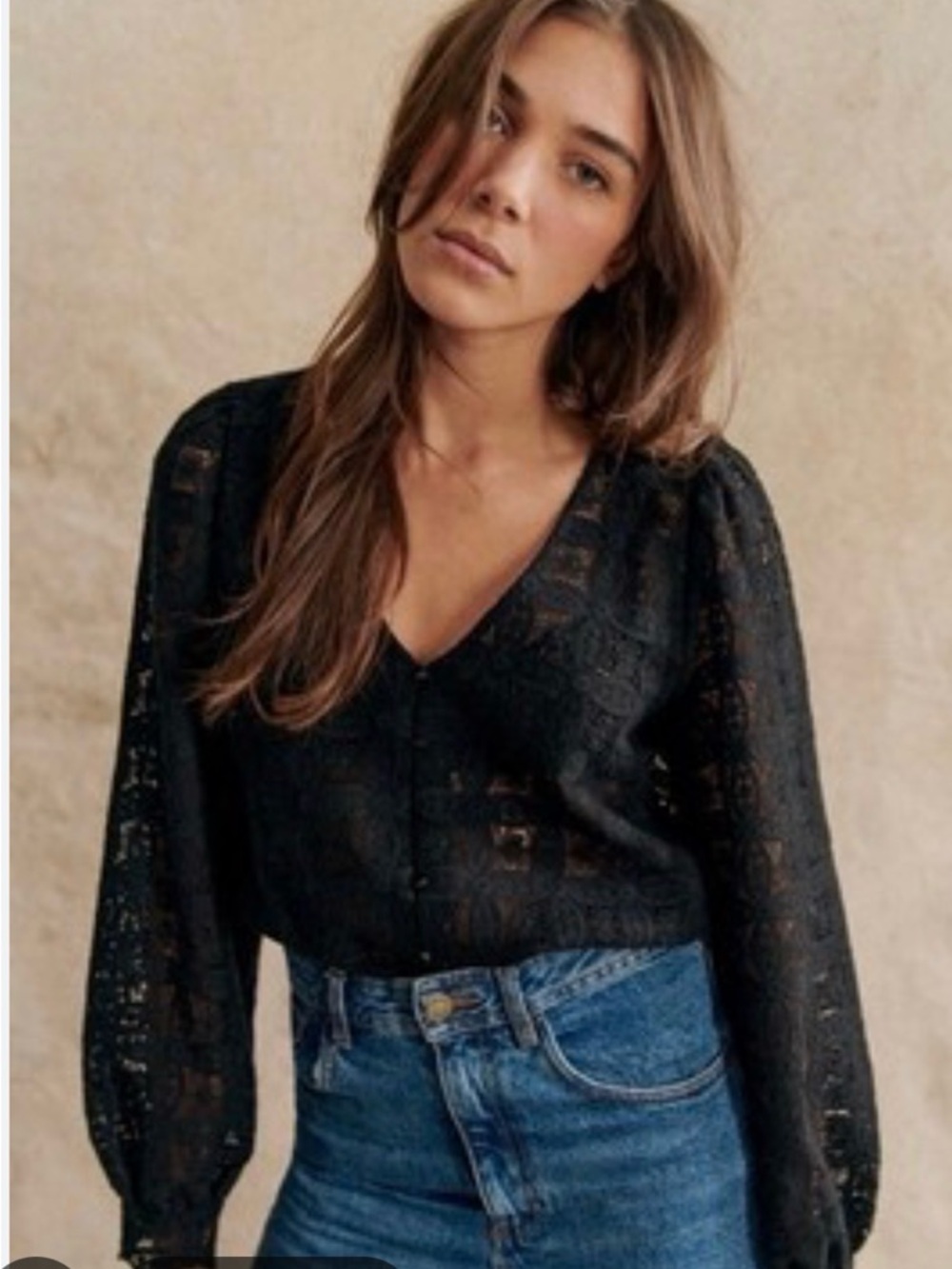 NWT Sezane Gaya Cotton Lace V Neck Button Up Blouse Top Sz 4 Black
